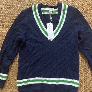 Lilly Pulitzer Navy V-Neck Sweater with Green and White Accents - Rowing Tennis
